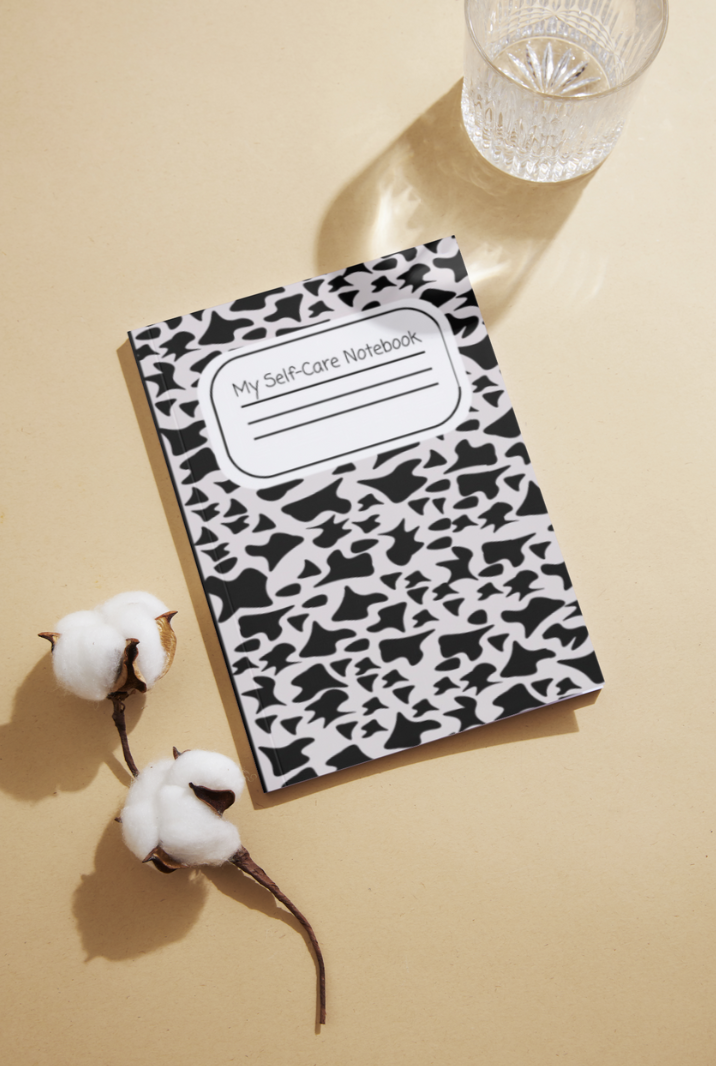 Black and white self-care notebook. Mindfulness journal